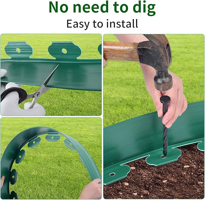 4 in x 50 Ft Garden Landscape Edging, No Dig Garden Edging Border Kit with 92 Pcs Spikes for Flower Bed Lawn Yard Grass Green