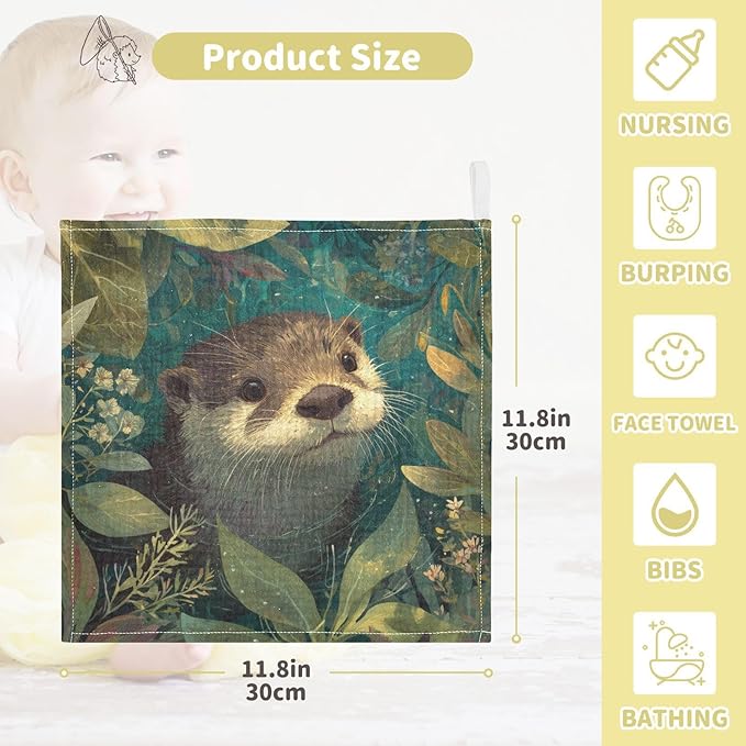 Newborn Face Towel Otter Soft Cotton Baby Washcloths 11.8 x 11.8 Inch Infants Girls Boys Muslin Burp Cloths 5 Pack
