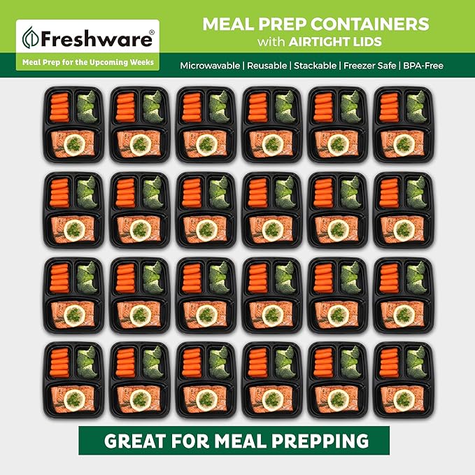 Freshware Bento Box Meal Prep Containers, 3-Compartment, 32 ounce