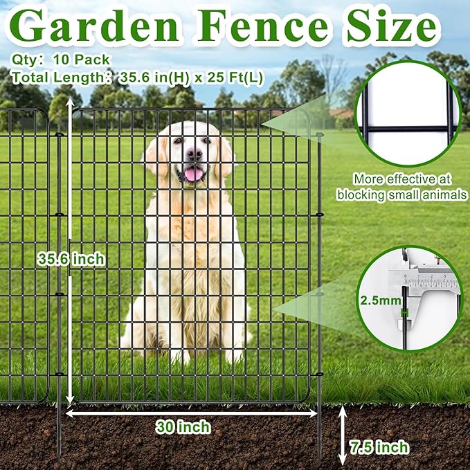 Garden Fencing Animal Barrier 10 Pannels, 36 in(H) X 25 ft(L) No Dig Dog Tall Fence Outdoor for Yard Rustproof Garden Metal Wire Border Patio Rabbit Ground Stakes