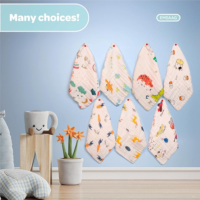 Muslin Baby Washcloths Pack of 7-Gift Boxed Mixed Patten, Absorbent Baby Bath and Face Towels,100% Cotton Baby Wipes Newborn,Burp Cloths,Feeding Towels for Babies and Infants,Reusable-10x10