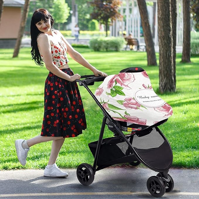 Personalized Baby Car Seat Cover for Babies, Custom Name Baby Car Seats Canopy for Girls, Nursing Breastfeeding Stroller Covers for Infant Newborn, Shower Gift (Rose Flower)