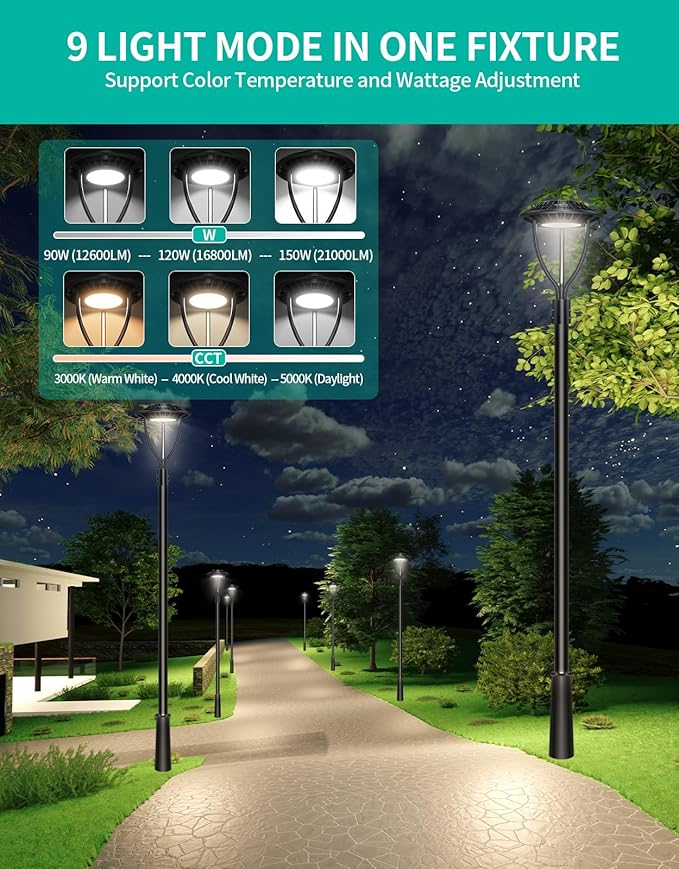 LED Post Top Light ETL Listed 150W 120W 90W Adjustable 3CCT Adjustable Outdoor Pole Lights with Photocell IP65 Waterproof Post LED Fixture for Garden Yard Street Lighting