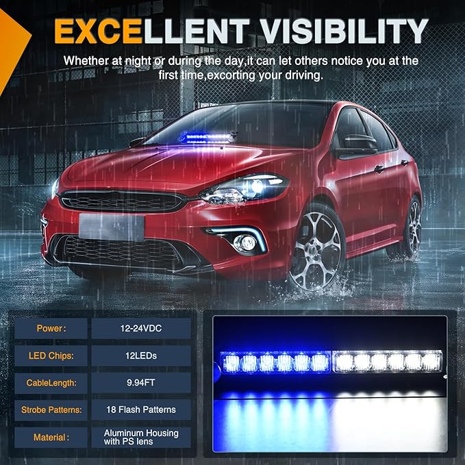 Nilight 12LED Traffic Advisor Strobe Light Bar Blue White Emergency Warning Hazard Safety Dash Front/Rear Windshield Flashing Lights for Cars Trucks Police Firefighter Plow Construction Vehicles