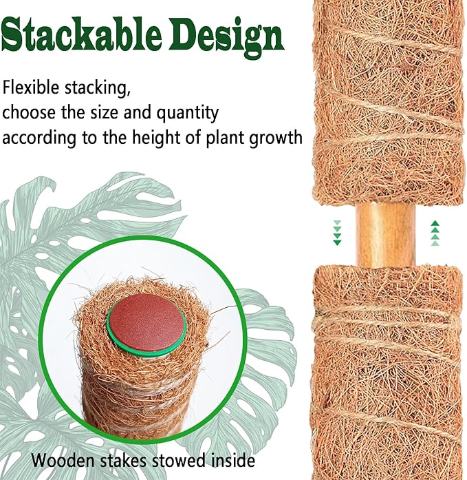 2 Pack 17 Inch Moss Pole, Stackable Moss Poles for Climbing Plants Monstera, Tall Plant Sticks Accessories, Large Coir Plant Support Stakes for Potted Plants Indoor, Pothos, Philodendron