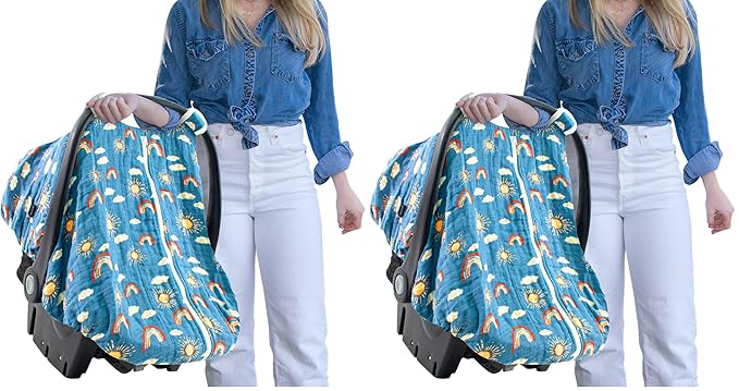 Bebe au Lait Classic Muslin Car Seat Cover -Perfect Baby Car Seat Covers for Babies, Car Seat Canopy, Unisex Baby Car Seat Cover- Easy Snap Straps, Fully Zippered Opening, Breathable- Hello Sunshine