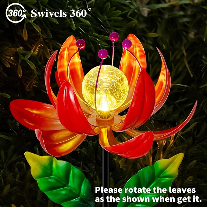 Solar Lights Outdoor Garden Decor, Solar Wind Spinner Yard Decorations for Outside, Lotus Windmill Pathway Lights with LED Cracked Crystal Ball Waterproof Flower Sculpture for Patio Lawn Garden Gifts