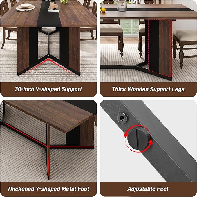 71 inch Dining Table for 4 5 6 | Modern Brown and Black Rectangular Kitchen Table W/Waterproof Wood Tabletop,Farmhouse Long Dining Room Tables W/Adjustable Legs&Wood Strip Base for Kitchen Living Room