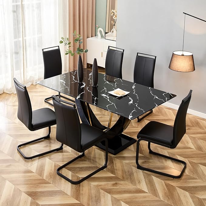 71" Dining Table Set for 6, Black Faux Marble Dining Room Table Set for 6, Large Rectangular Kitchen Table Set and PU Leather Chairs,Glossy Tempered Glass Dinner Table with Black Leg