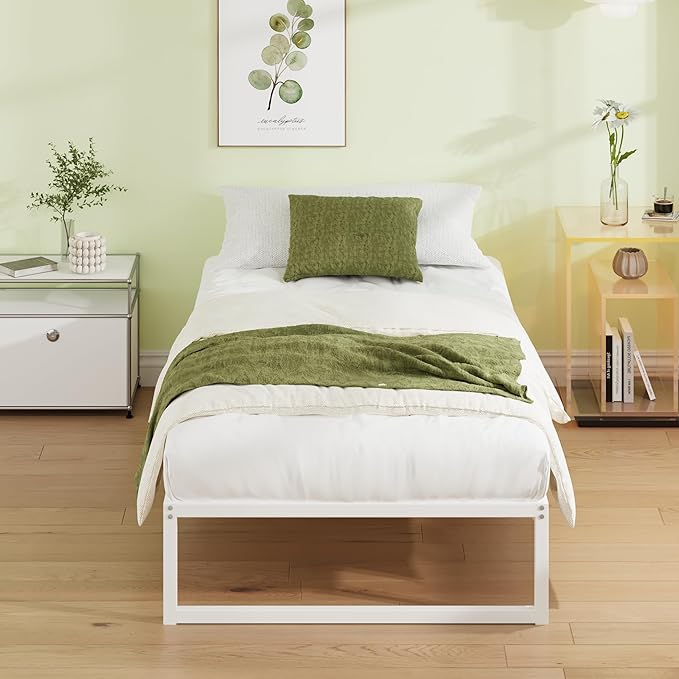 EMODA 12 Inch Twin Bed Frames, Metal Platform White Bed Frame Twin No Box Spring Needed, Heavy Duty Steel Slats Support, Easy Assembly, Noise Free