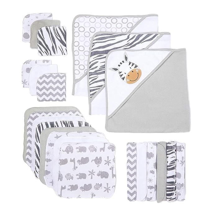 Spasilk 23-Piece Soft Terry Hooded Bath Towel and Washcloth Gift Set, 3 Baby Towels and 20 Baby Washcloths for Unisex Newborn Bath Essentials, Ideal, White Zebra