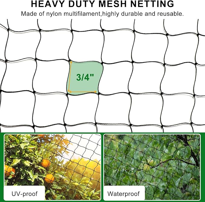 Bird Net 25'x50' Bird Netting for Chicken Coop Roof, Nylon 3/4" Mesh Poultry Netting Garden Nettings for Fruits Trees Plant, Aviary Nettings Deer Fence Trellis Net