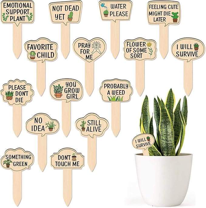 Huray Rayho Funny Wooden Plant Markers for Succulent Flowers Greenery Plants Tags 15-Pack Waterproof Wood Plant Labels Outdoor Indoor Patio Supplies Garden Stakes for Potted Plant Novelty Gifts