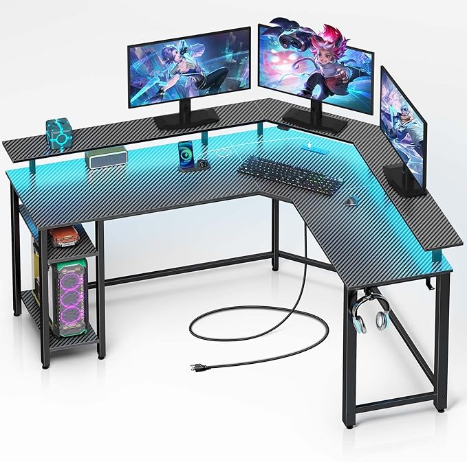 Rolanstar L Shaped Gaming Desk with LED Lights & Power Outlets, 46.2" Computer Desk with Full Monitor Stand & Storage Shelf, Corner Desk with Hooks, Carbon Fiber Desk Reversible