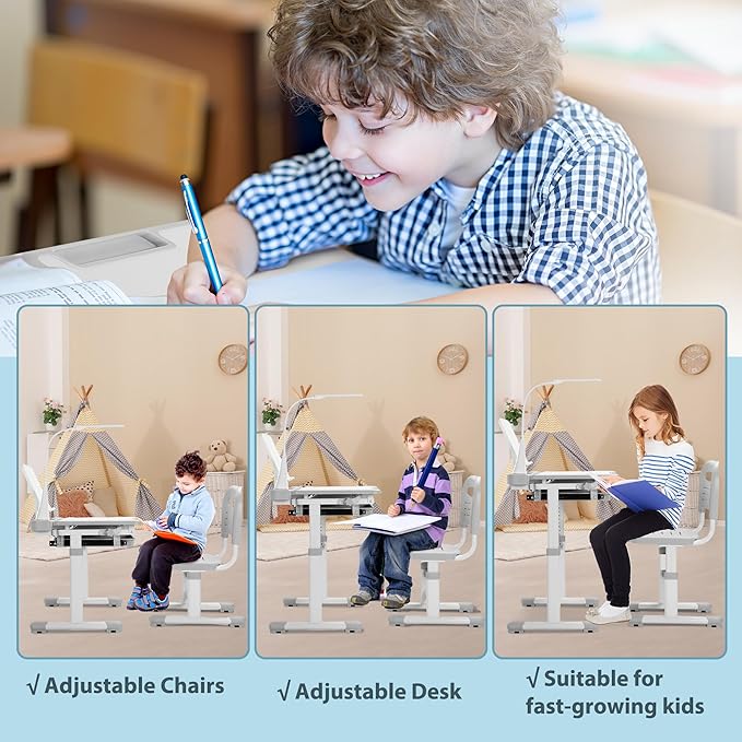 Rengue Kids Desk and Chair Set Height Adjustable School Study Desk and Chair with 55° Tiltable Desktop, 3 Modes &3 Brightness LED Lamps, Storage Drawer and Metal Hook for Boys Girls Gifts (Grey)