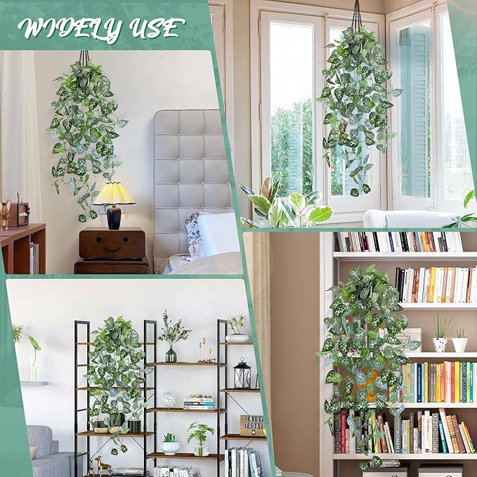 LOYWREE Fake Hanging Plant with Pot, Artificial Potted Fern Plant, 28.7-in Long Faux Hanging Vine Plant for Shelf Home Office Indoor Outdoor Garden Greenery Decor (Black Pot)