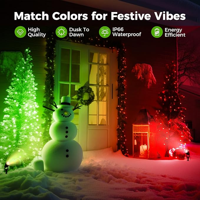 L LOHAS LED Green Spotlight Outdoor, Tree Spot Lights for Yard, Auto On/Off 5W 120V Landscape Lighting for House, Holiday, Christmas Decoration, 450LM IP66 Waterproof, UL Listed, 2 Pack