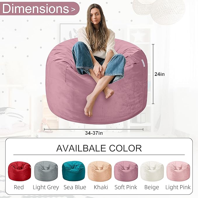 HABUTWAY Bean Bag Chair 3Ft Luxurious Velvet Ultra Soft Fur with High Rebound Memory Foam Bean Bag Chairs for Adults Plush Lazy Sofa with Fluffy Sponge 3' (Soft Pink)