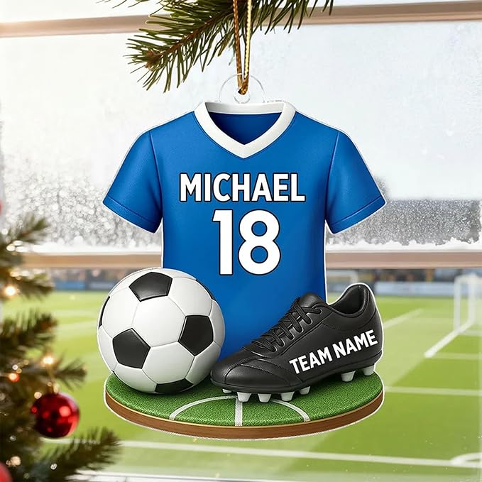 NAZENTI Personalized Soccer Christmas Ornament 2025, Custom Boy or Girl Soccer Player Ornament with Name and Number, Flat 2D Acrylic Tree Decoration, Sports Keepsake Gift for Kids, Teens, Men, Women