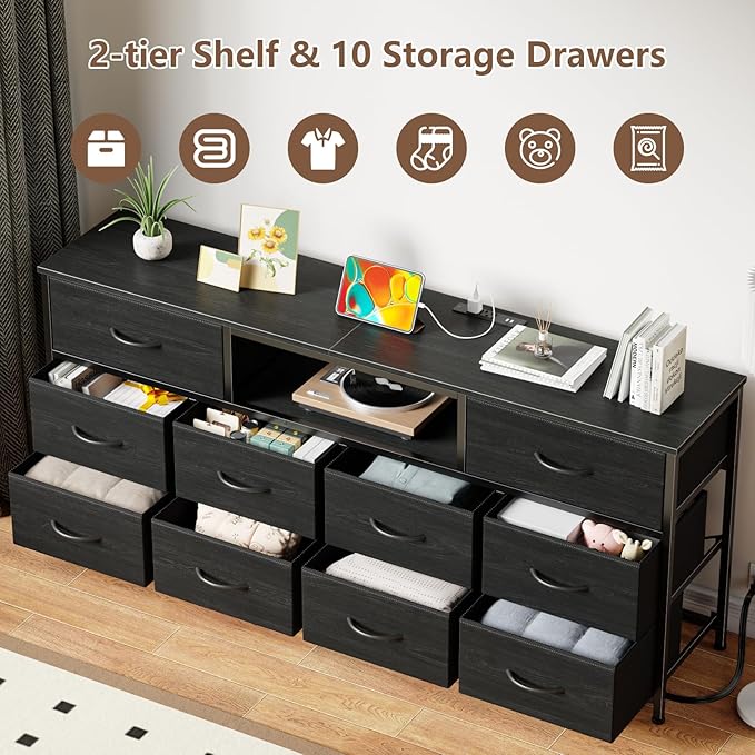 Furnulem 63” Long Dresser for Bedroom, TV Stand for 65 to 75 inch TV, Black Dresser with 10 Fabric Drawers, Chest of Drawer for Closet, Entertainment Center with Power Outlet & LED Light