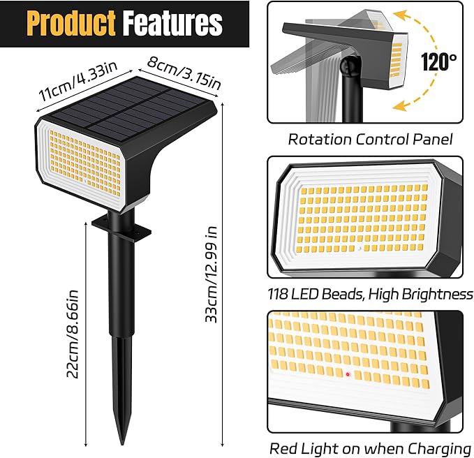 Solar Spot Lights Outdoor, [6 pack/118 LED] 4 Modes Auto On/Off Solar Landscape Spotlights, Ip67 Waterproof Solor Powered Pathway Lights for Outside Yard Garden Walkway Tree Patio (Warm White)