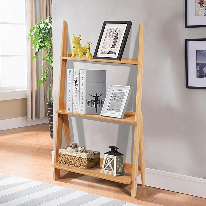 DOUSY-3-Tier Ladder Shelf, Bamboo Ladder Bookshelf Leaning Bookcase Trapezoid Bookshelf Storage Rack Shelf for Living Room, Kitchen, Bathroom, Home Office, Natural Color