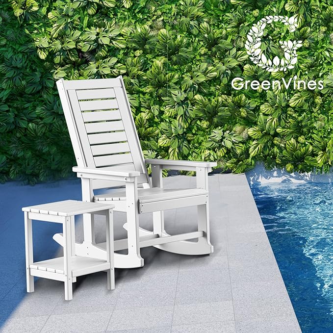 GREENVINES Outdoor Rocking Chairs | Set of 2 | Porch Rocker | HDPE Plastic | White | Oversized Rockers | High Back | Big & Tall | Ladder Back | for Patio Outside Backyard Balcony Garden