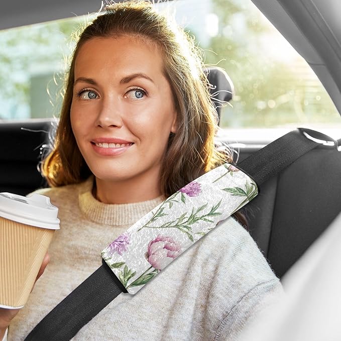 Car Seat Belt Covers 2 Piecing Soft Unique Seat Belt Shoulder Strap Covers Pad for Women Men Kids S Florals Peonies Violet Peonies White