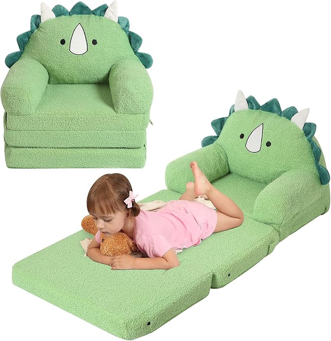 Foldable Kids Sofa, Triceratops Toddler Couch With Tri Folding Foam Cushions, Comfy Couch for Ages 18 Months and Up