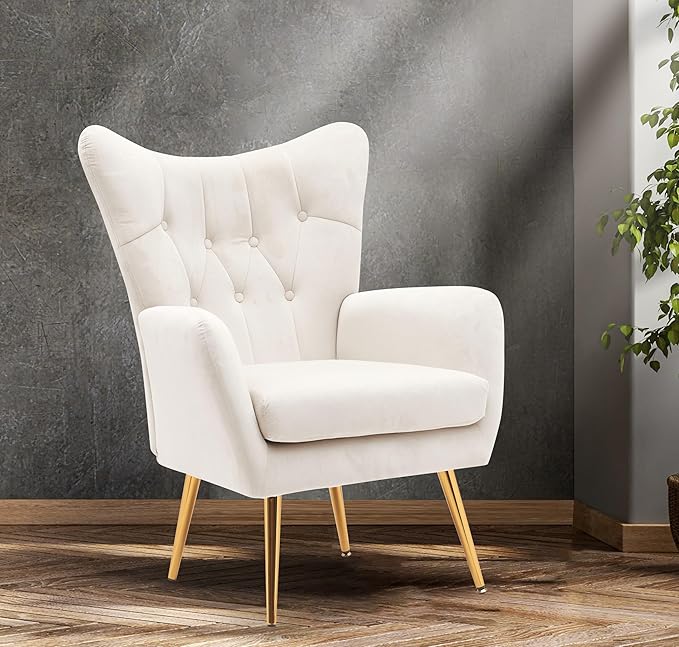 Container Furniture Direct Modern Chic Mid-Century Velvet Accent Armchair for Living Room, Bedroom, or Home Office, Button-Tufted Wingback Design with Gold Flared Legs, Ivory