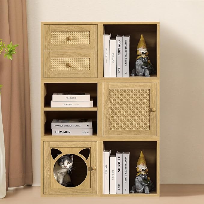 Magic DIY Cube Storage Organizer Stackable Cubes for Home Books Clothes Toy -Modular Cubby Storage System -Closet Organizer -Bookcase Closet(Yellow Oak,Cat Door Cube)