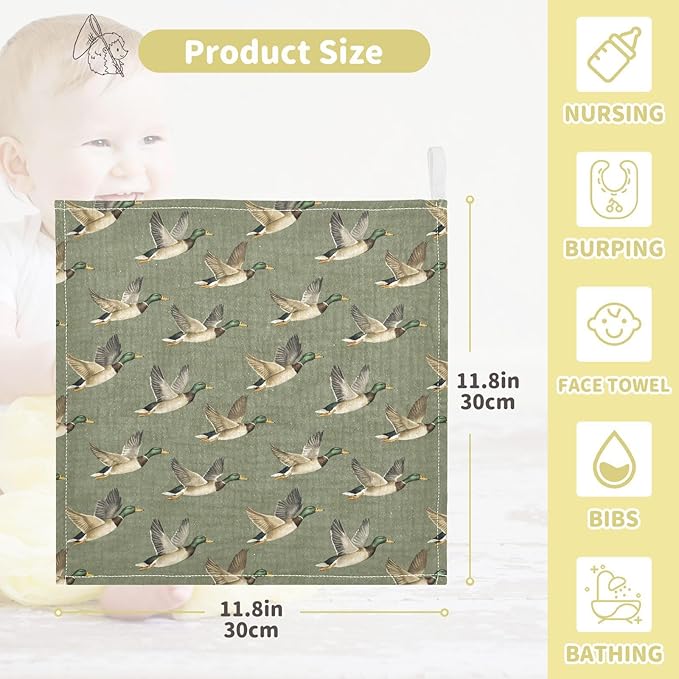 Mallard Ducks Baby Washcloths Newborn Muslin Burp Cloths 3 Pack Soft Cotton Baby Face Bath Towel Drool Bibs for Infants, Girls and Boys 11.8 x 11.8 Inch