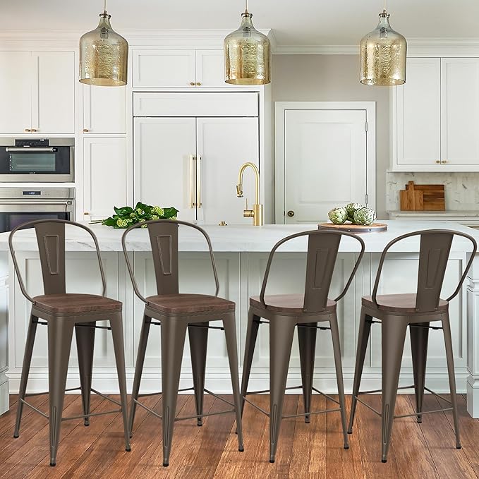 Yongqiang 30 inch Metal Bar Stools Set of 4 Bar Height Stools Kitchen Island Barstools High Back Bar Chairs with Large Wooden Seat Industrial Rusty