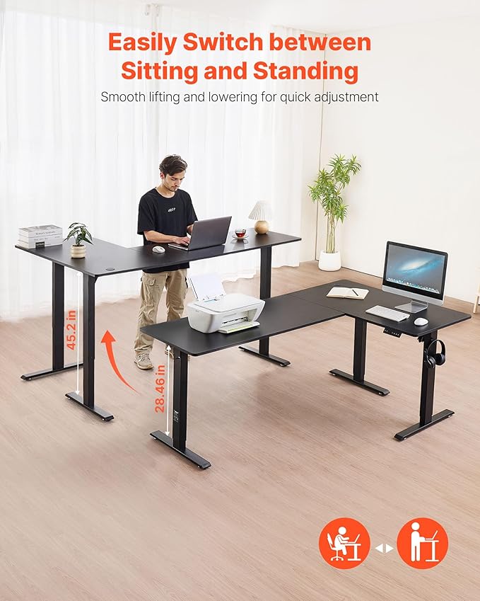 VEVOR L Shaped Standing Desk 71 x 47 inch, 3 Memory Height Adjustable, Electric Corner Standing Desk with Dual Motor, 2 Hooks & Cable Hole, Heavy Duty Carbon Steel Sit Stand Computer Workstation Table