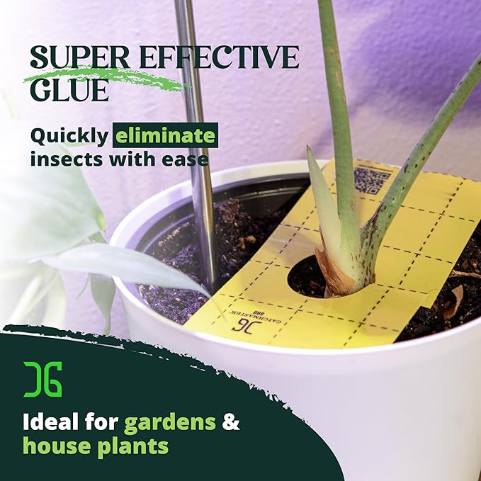 Catchmaster GRO Yellow Pre-Cut Ready to Use Sticky Traps 50PK, Bug & Fly Trap with Center Hole for Crawling Insects, Pest Control for Home, Garden & Greenhouse, Protect Live Plants Indoor & Outdoor