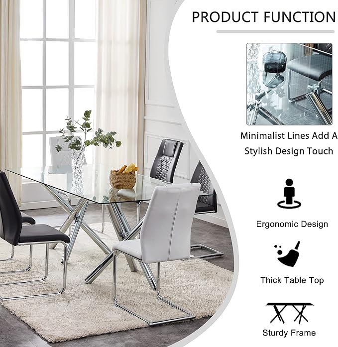 Modern Glass Dining Table for 6-8, Rectangular Glass Kitchen Table with Tempered Glass Tabletop and Silver Chrome Metal Legs for Kitchen Dining Room (Silver2)
