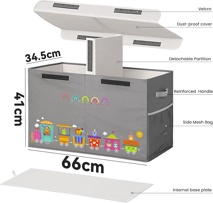 80L Large Toy Storage Box with Lid, Large Toy Box Chest for Kids, Girls and Boys, Nursery Room and Living Room, 26"x13" x16" (grey-train)