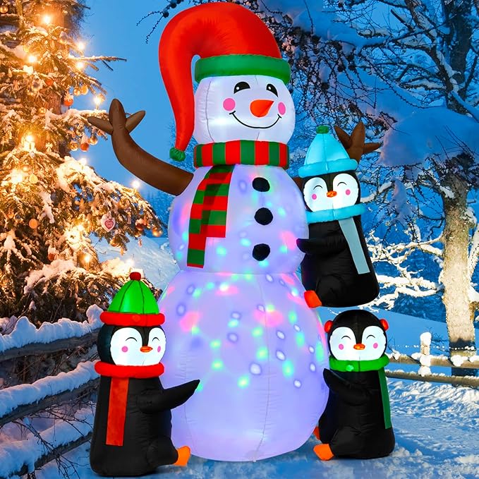 Christmas Inflatables Outdoor Decorations, Sizonjoy 6FT Snowman and Penguins Christmas Decorations with Rotating Colorful LED Lights Blow Up Yard Decorations for Lawn Garden Xmas Party
