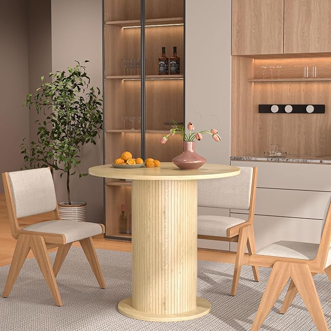 31.5 inch Round Dining Table for 2, Modern Farmhouse Kitchen Table, Small Circle Dining Tables with Wood Strip Base for Kitchen Living Room (Natural)