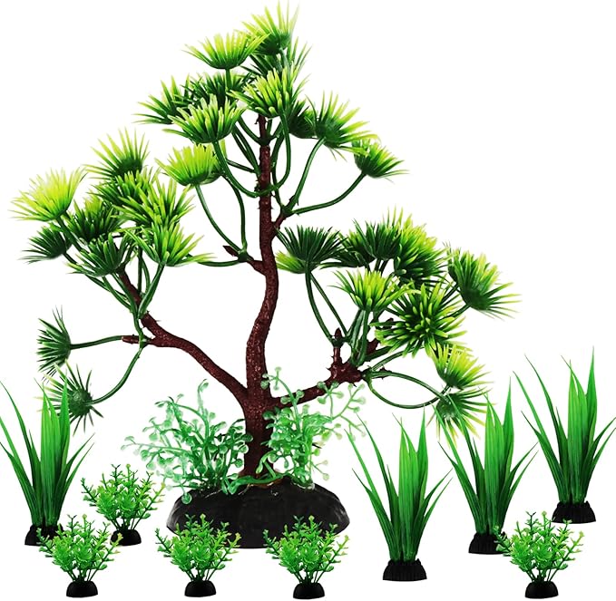 Fish Tank Plants Decorations, 10pcs Aquarium Decor Artificial Plants, Green Plastic Tree Fish Decorations for Tank