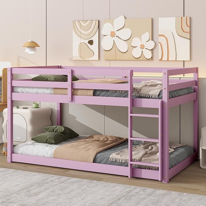 Ball & Cast Bunk Bed Twin Over Twin,Floor Bunk Bed with Ladder,Solid Rubber Wooden Bed Frame w/Full Length Guardrail,for Dormitory, No Box Spring Needed,for Kids Teens,Pink