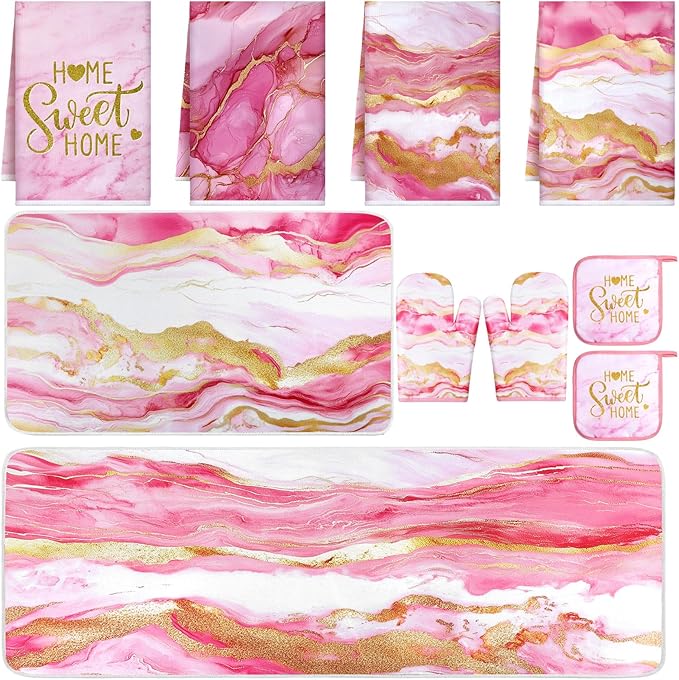 Fourluoo 10 Pcs Kitchen Dish Towels Rugs Oven Mitts and Pot Holders Kit Farmhouse Kitchen Decor Set Gloves Vintage Potholders for Baking Cooking Chef(Pink,Modern)