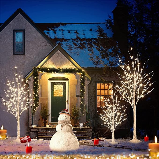 Lighted Birch Trees, 4FT 5FT 6FT(48 56 96LED) Pre-lit Birch Tree with Warm White, Artificial Birch Tree Outdoor/Indoor Christmas Easter Tree for Wedding Party Christmas Decoration -3PC