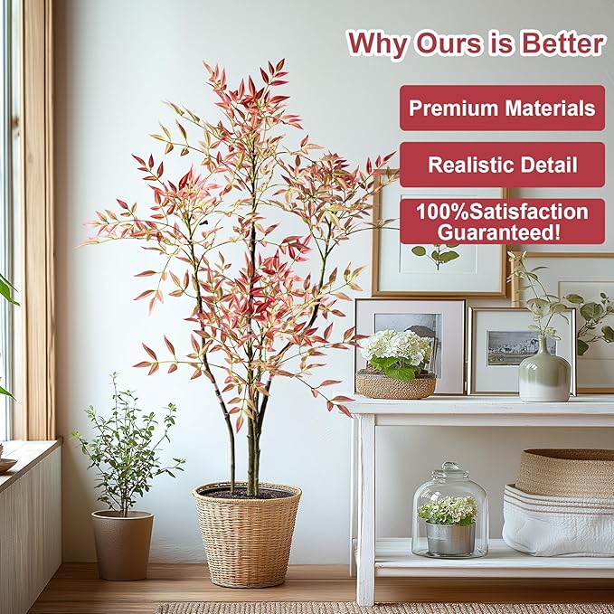 4.6ft Faux Bamboo Tree Artificial Nandina Tree Artificial Indoor Plants Realistic Fake Potted Tree with 800+ Leaves, Cement Planter - Home Office Decor Perfect for Housewarming Gift No Planter