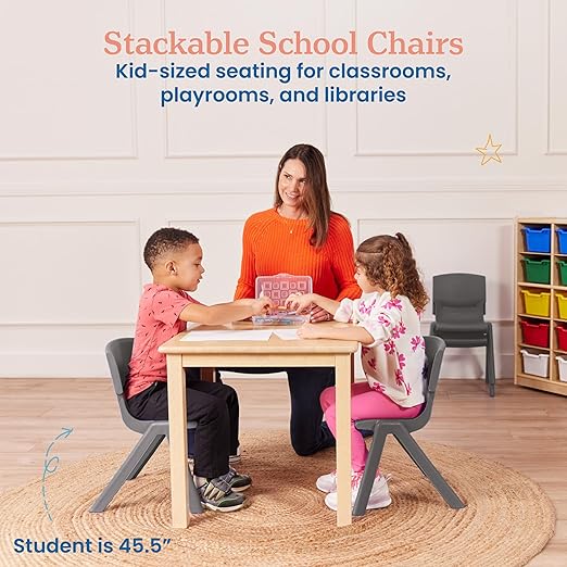 ECR4Kids 12in Plastic School Stack Chair, Classroom Furniture, Grey, 4-Pack