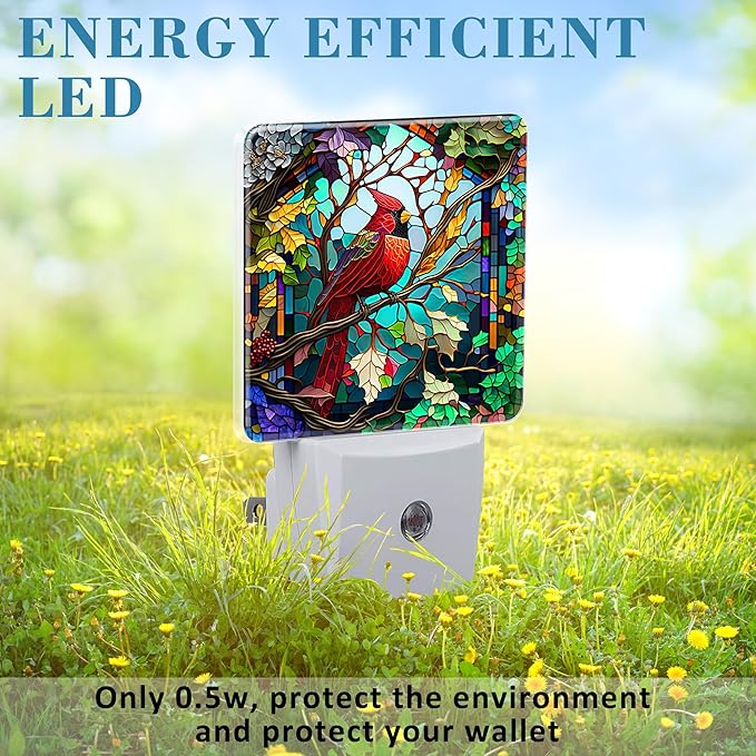 Plug in Night Lights Christmas Stained Glass Cardinal Bird Nightlight Plug Into Wall Dusk to Dawn Sensor LED Night Light for Kid Girls Boys Room Decor,Hallway,Kitchen,Bathroom,Nursery,Stairs