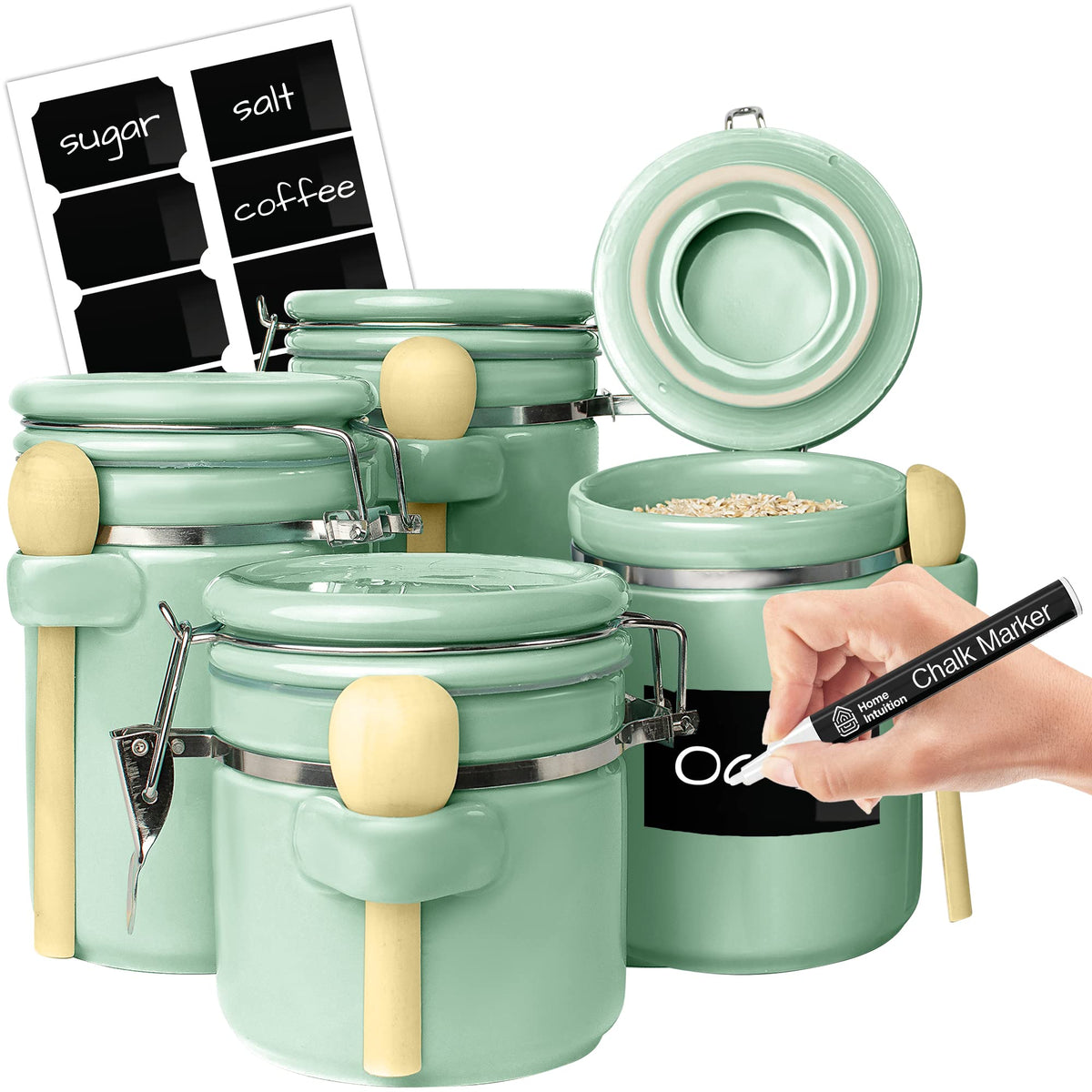 Home Intuition 4-Piece Ceramic Kitchen Canisters Set, Airtight Containers with Wooden Spoons Reusable Chalk Labels and Marker for Sugar, Coffee, Flour, Tea (Mint)
