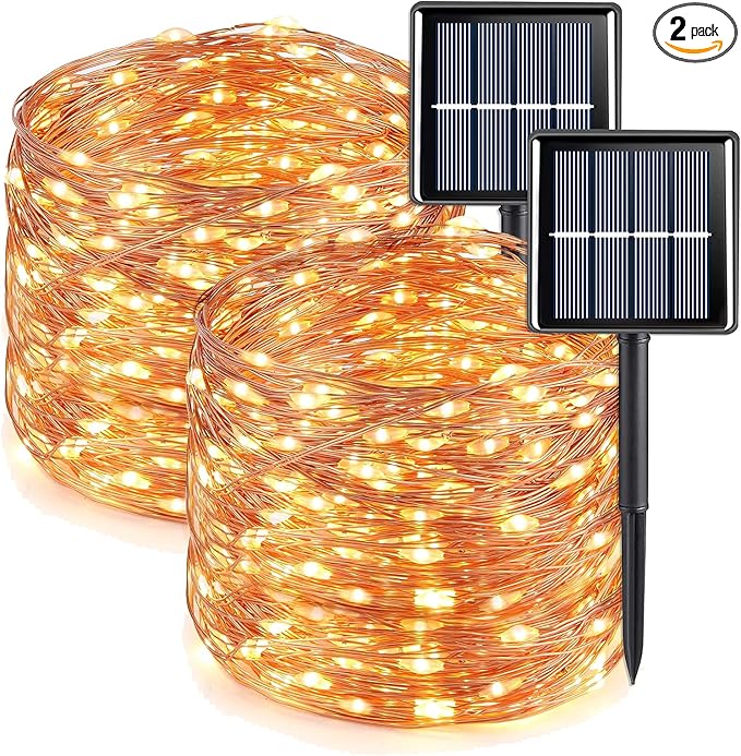 QITONG Warm White Solar Fairy Lights, 2 Pack Each 66ft 200 LED String Lights Outdoor, Silver Wire Solar Christmas Mini Lights
