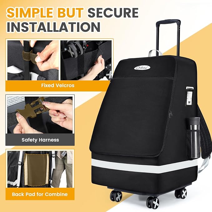 Orzbow Car Seat Carrier for Airport, Folding Car Seat Travel Bag & Cart with 4 Wheels and High Load-Bearing, Padded Gate Check Bag Fits Most Infant Car Seats & Carriers, Easy to Use, Black