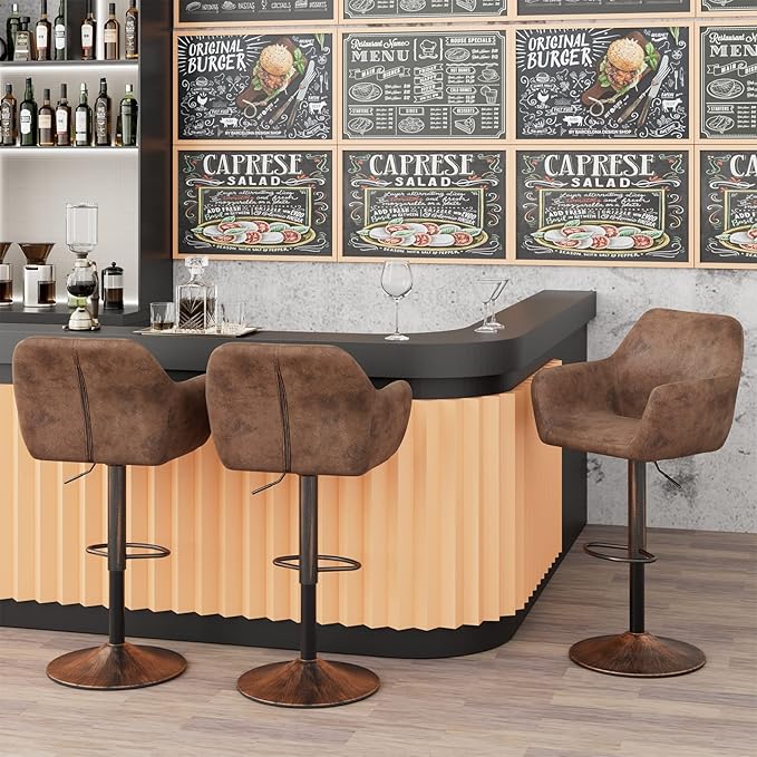 Keyluv Bar Stools Set of 2 for Kitchen Counter Adjustable Swivel Height Barstools 29 Inch Faux Leather Bar Chairs with Padded Back and Chromed Metal Base, Retro Brown